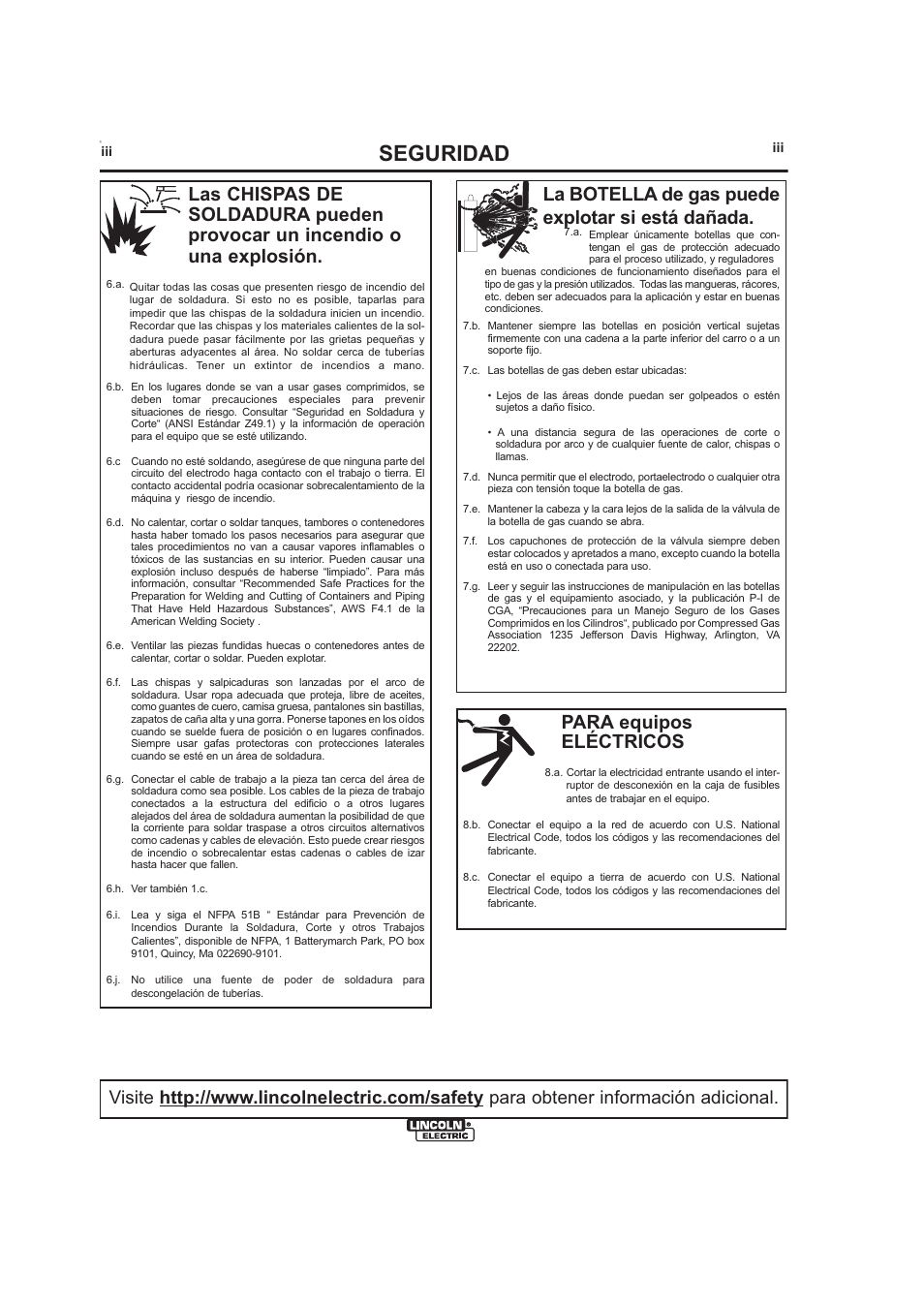 Seguridad, Para equipos eléctricos, La botella de gas puede explotar si está dañada | Lincoln Electric IMt913 MAGNUM 100SG SPOOL GUN User Manual | Page 40 / 118