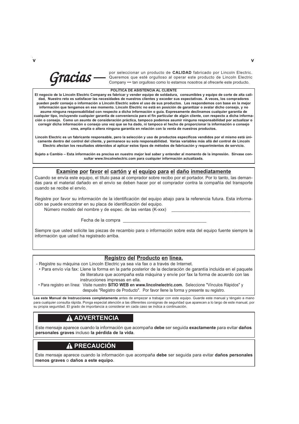 Gracias, Advertencia, Precaución | Lincoln Electric IMt913 MAGNUM 100SG SPOOL GUN User Manual | Page 42 / 118