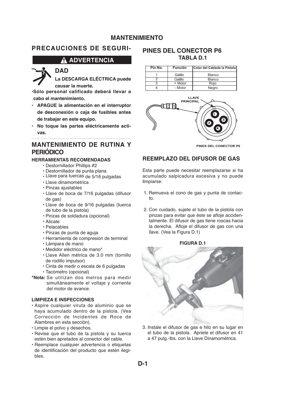 Precauciones de seguri- dad, Mantenimiento de rutina y periódico, Tabla d.1 reemplazo del difusor de gas | Lincoln Electric IMt913 MAGNUM 100SG SPOOL GUN User Manual | Page 62 / 118