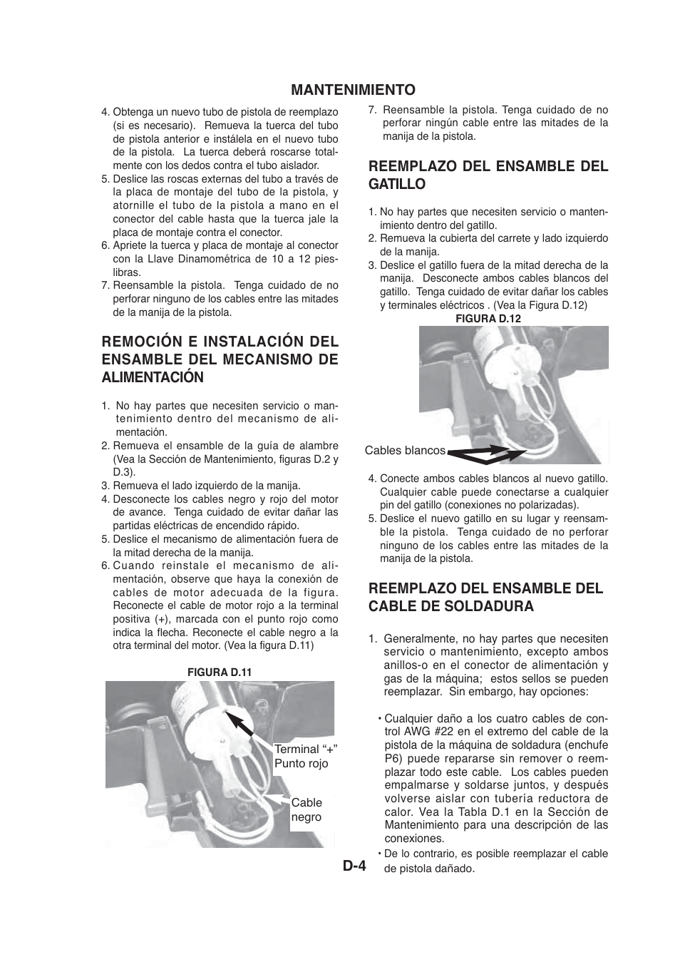 Mantenimiento d-4, Reemplazo del ensamble del gatillo, Reemplazo del ensamble del cable de soldadura | Lincoln Electric IMt913 MAGNUM 100SG SPOOL GUN User Manual | Page 65 / 118