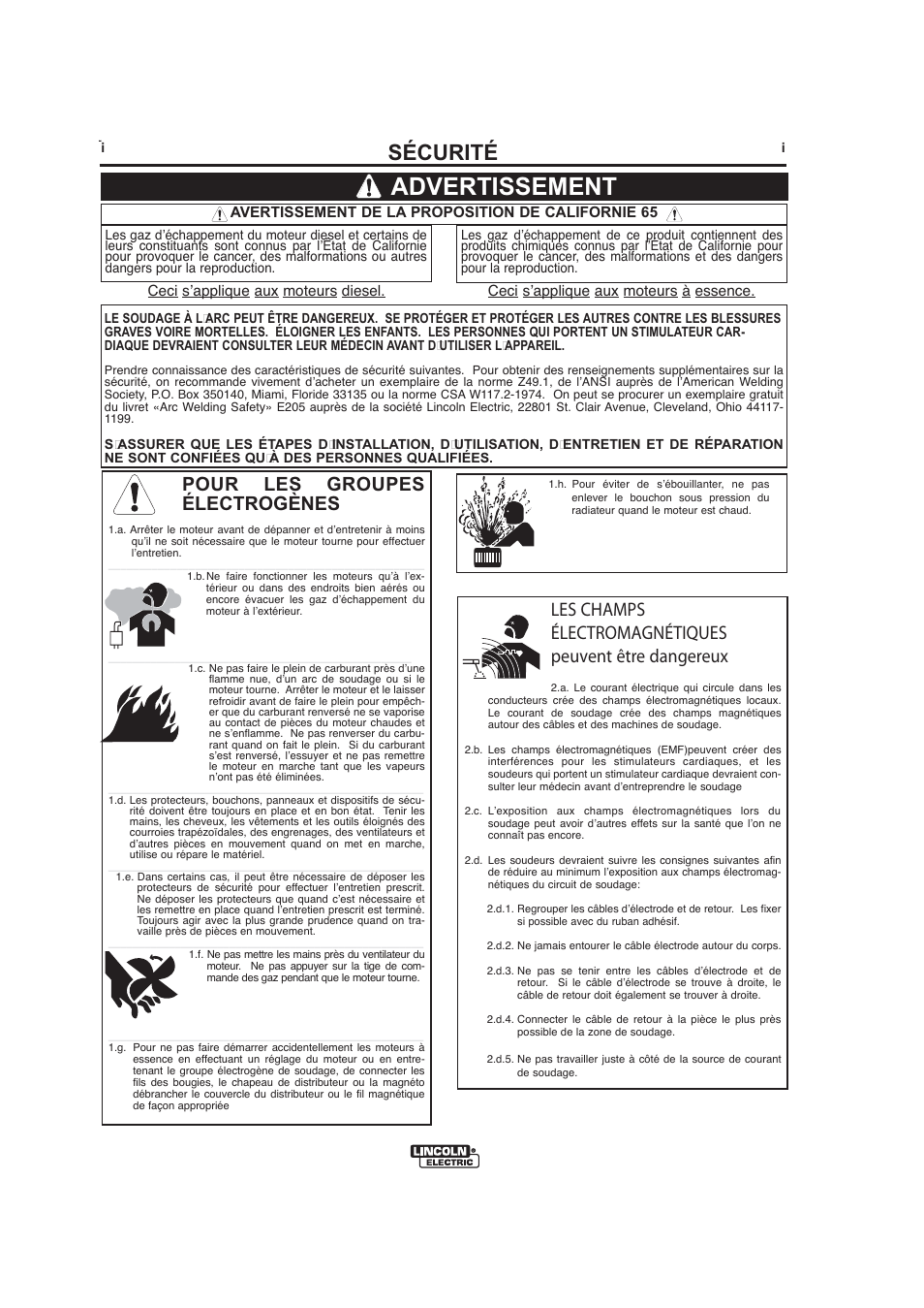 Advertissement, Sécurité, Pour les groupes électrogènes | Lincoln Electric IMt913 MAGNUM 100SG SPOOL GUN User Manual | Page 74 / 118