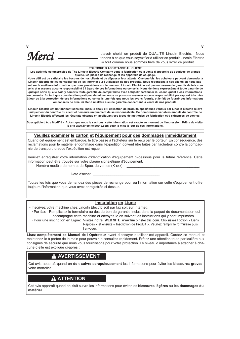 Merci, Avertissement, Attention | Lincoln Electric IMt913 MAGNUM 100SG SPOOL GUN User Manual | Page 78 / 118