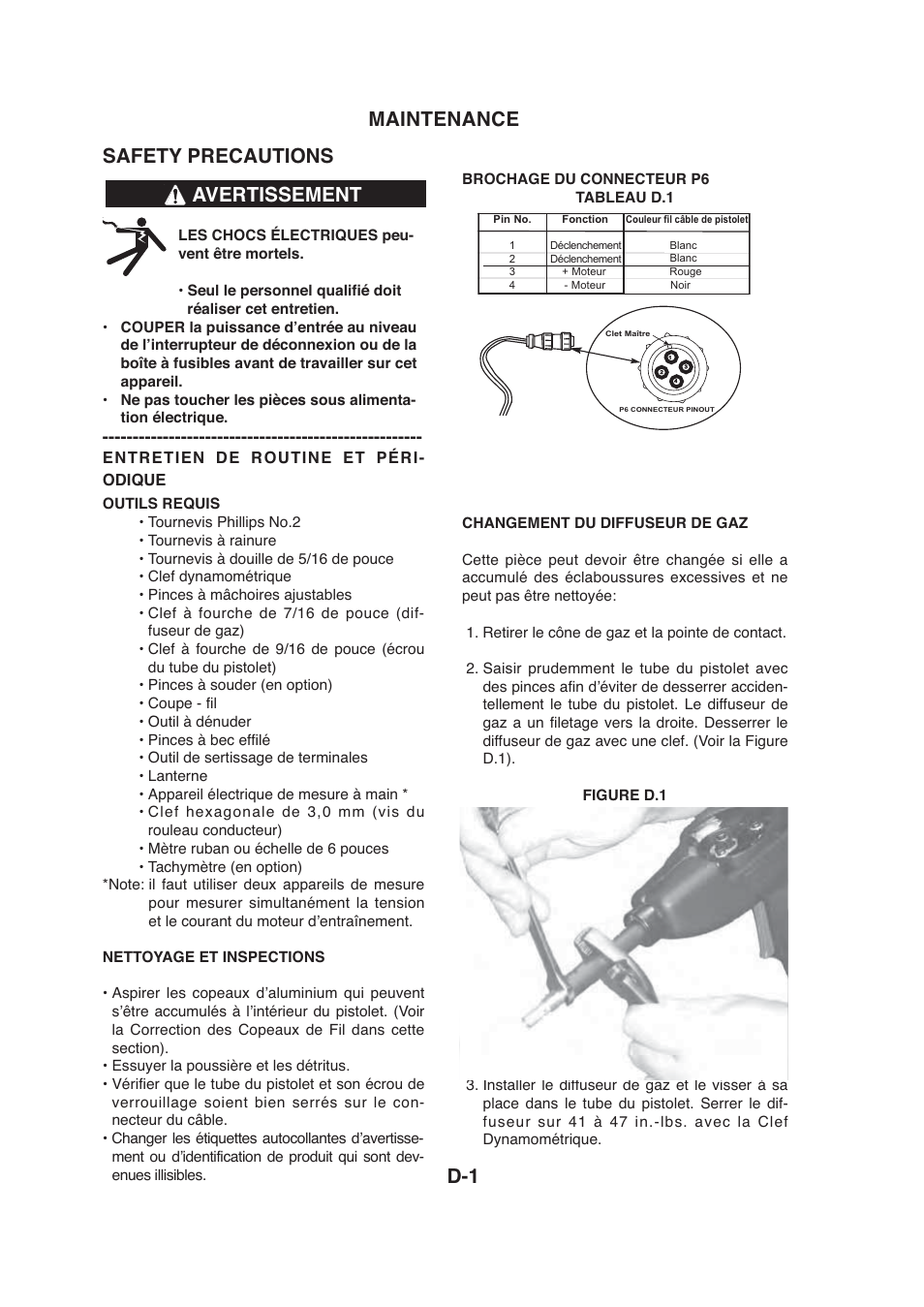 Safety precautions, Maintenance d-1 avertissement | Lincoln Electric IMt913 MAGNUM 100SG SPOOL GUN User Manual | Page 98 / 118