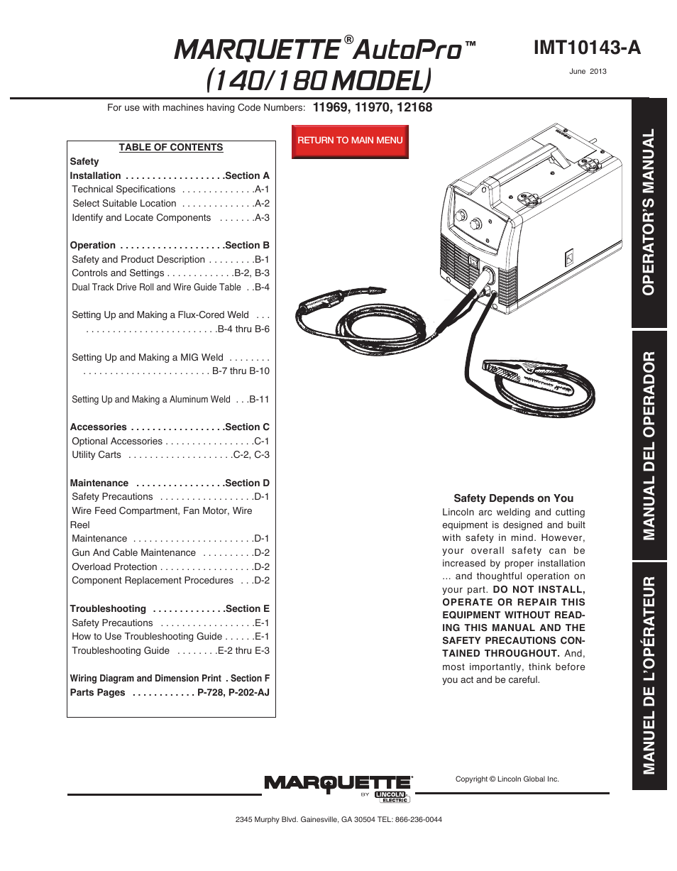 Lincoln Electric IMt10143 MARQUETTE AutoPro 140_180 User Manual | 100 pages