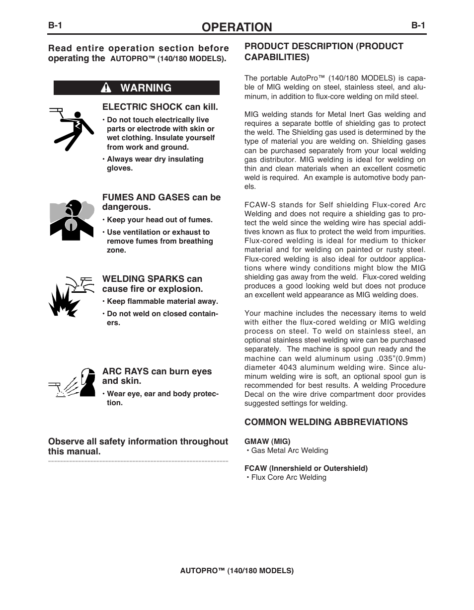 Operation, Warning | Lincoln Electric IMt10143 MARQUETTE AutoPro 140_180 User Manual | Page 10 / 100