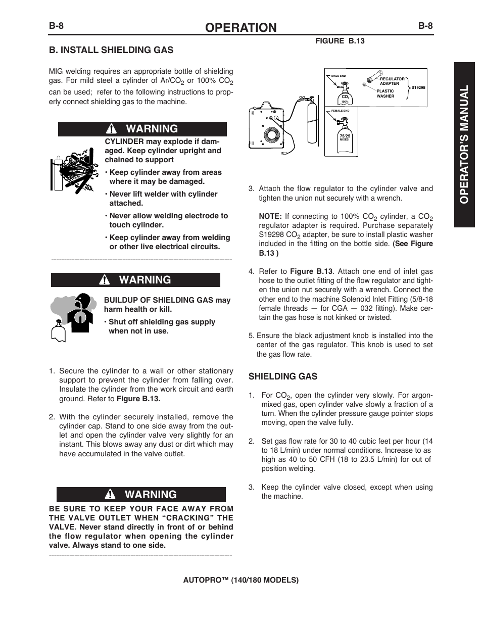 Operation, Warning, Opera t or’s manual | B. install shielding gas, Shielding gas | Lincoln Electric IMt10143 MARQUETTE AutoPro 140_180 User Manual | Page 17 / 100