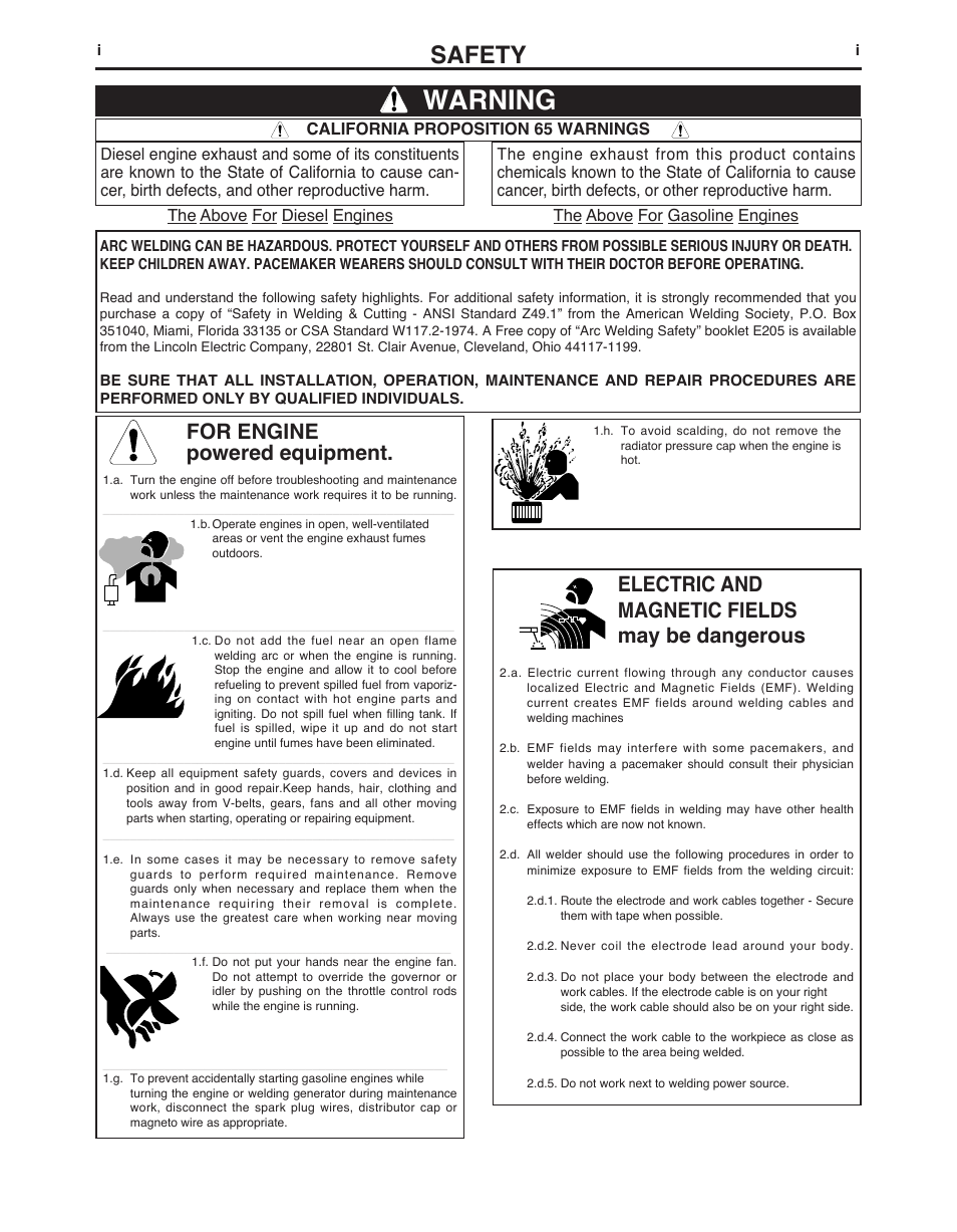 Warning, Safety, For engine powered equipment | Electric and magnetic fields may be dangerous | Lincoln Electric IMt10143 MARQUETTE AutoPro 140_180 User Manual | Page 2 / 100