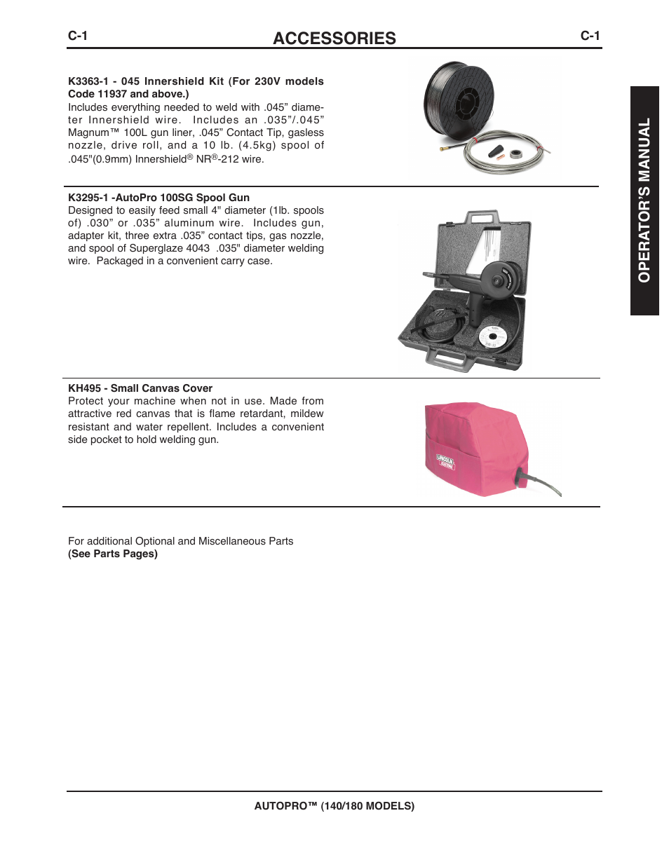 Accessories, Opera t or’s manual | Lincoln Electric IMt10143 MARQUETTE AutoPro 140_180 User Manual | Page 21 / 100