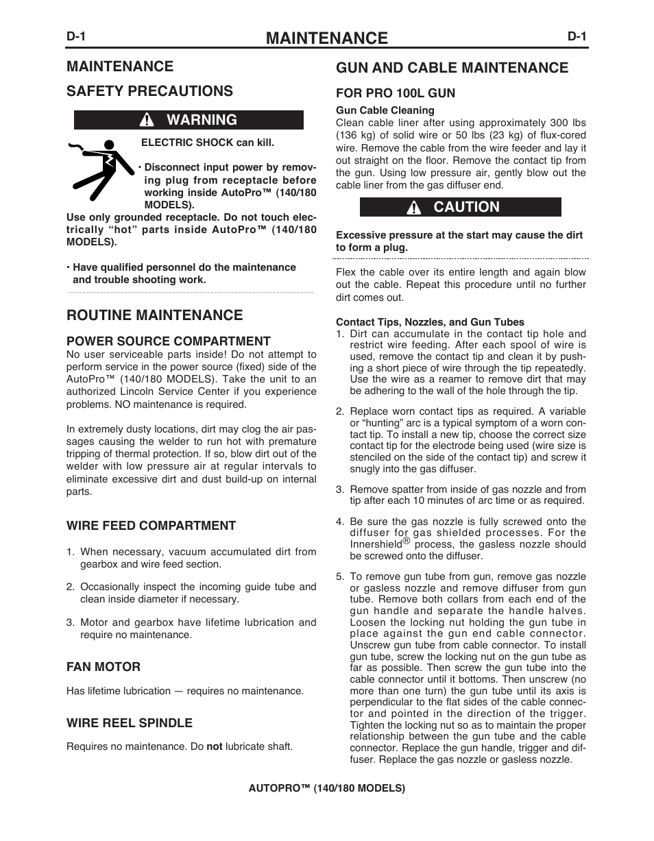 Maintenance, Maintenance safety precautions, Routine maintenance | Warning gun and cable maintenance, Caution | Lincoln Electric IMt10143 MARQUETTE AutoPro 140_180 User Manual | Page 24 / 100