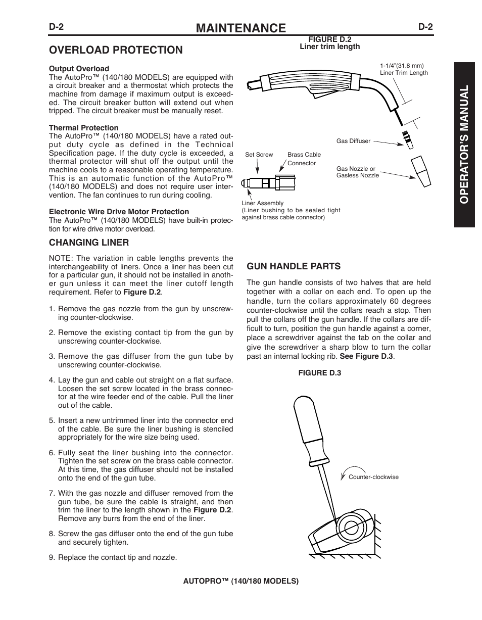 Maintenance, Overload protection, Opera t or’s manual | Lincoln Electric IMt10143 MARQUETTE AutoPro 140_180 User Manual | Page 25 / 100