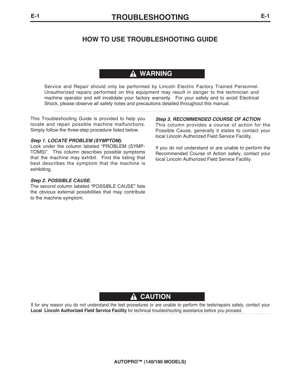 Troubleshooting, Caution, How to use troubleshooting guide | Warning | Lincoln Electric IMt10143 MARQUETTE AutoPro 140_180 User Manual | Page 26 / 100