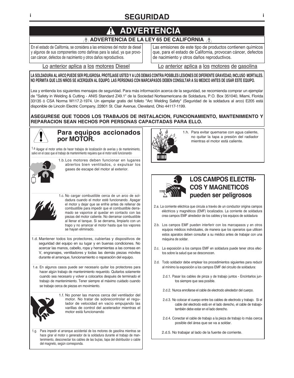 Advertencia, Seguridad, Para equipos accionados por motor | Lincoln Electric IMt10143 MARQUETTE AutoPro 140_180 User Manual | Page 34 / 100