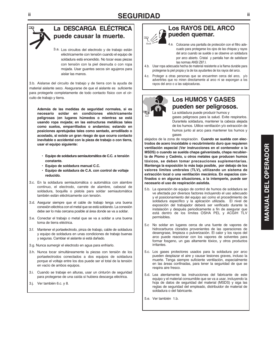 Seguridad, La descarga eléctrica puede causar la muerte, Los humos y gases pueden ser peligrosos | Lincoln Electric IMt10143 MARQUETTE AutoPro 140_180 User Manual | Page 35 / 100