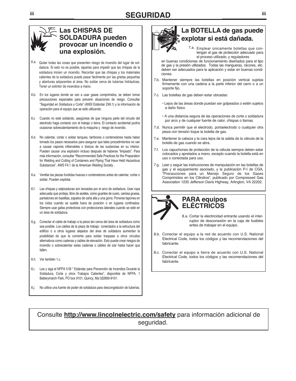 Seguridad, Para equipos eléctricos, La botella de gas puede explotar si está dañada | Lincoln Electric IMt10143 MARQUETTE AutoPro 140_180 User Manual | Page 36 / 100