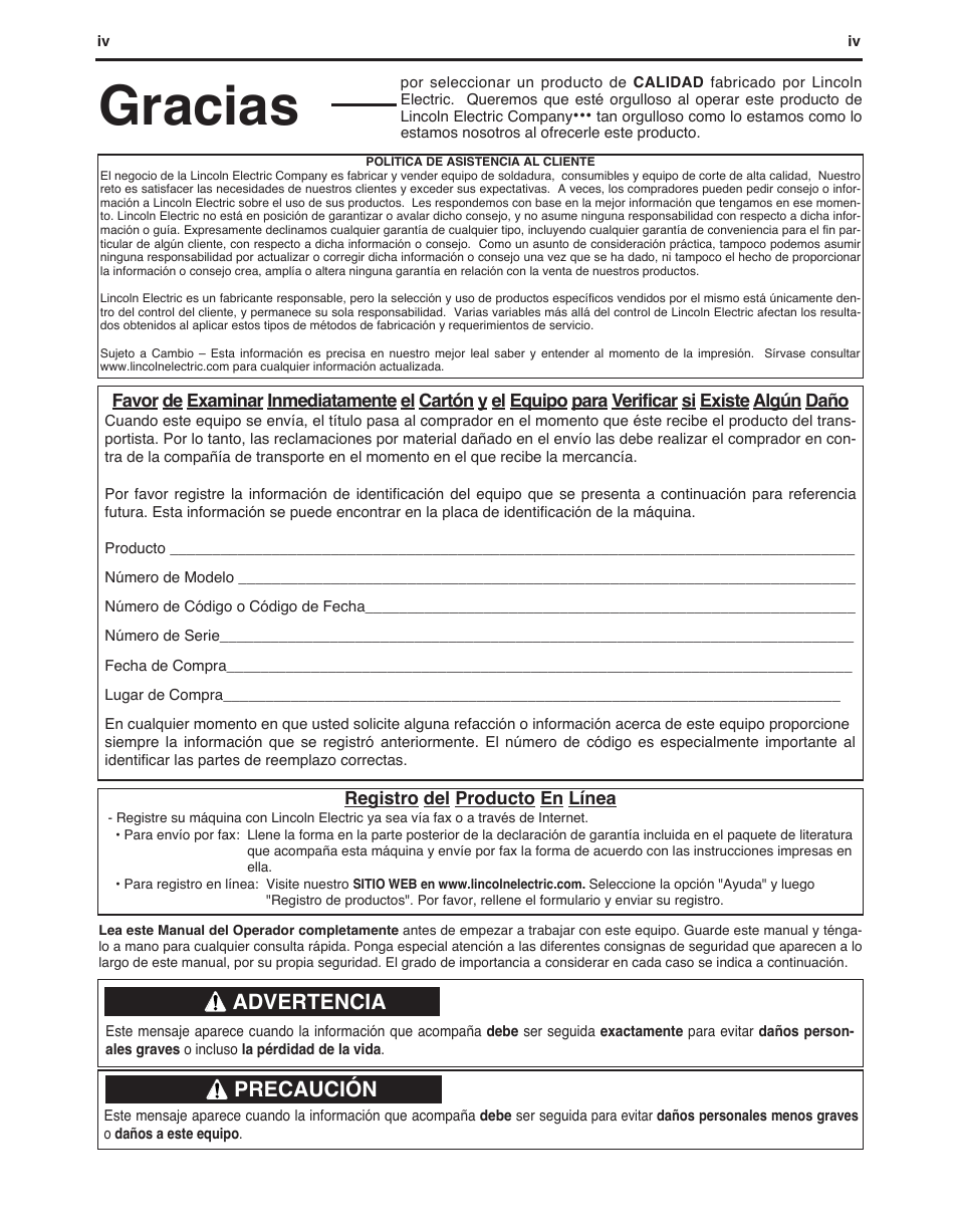 Gracias, Advertencia, Precaución | Lincoln Electric IMt10143 MARQUETTE AutoPro 140_180 User Manual | Page 38 / 100