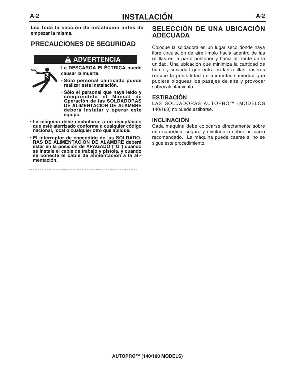 Instalación, Selección de una ubicación adecuada, Precauciones de seguridad | Advertencia | Lincoln Electric IMt10143 MARQUETTE AutoPro 140_180 User Manual | Page 40 / 100