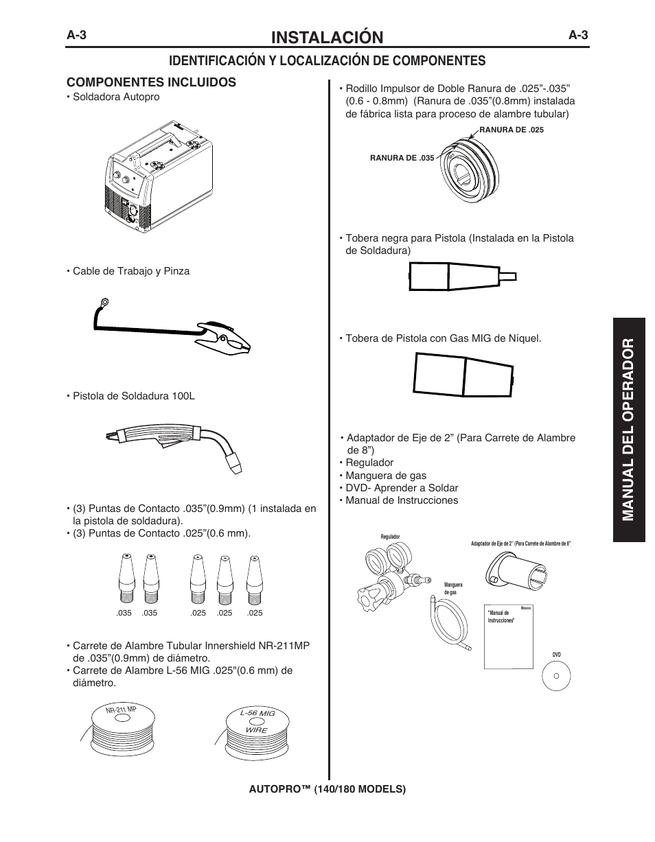 Instalación, Manual del operador, Identificación y localización de componentes | A-3 componentes incluidos | Lincoln Electric IMt10143 MARQUETTE AutoPro 140_180 User Manual | Page 41 / 100