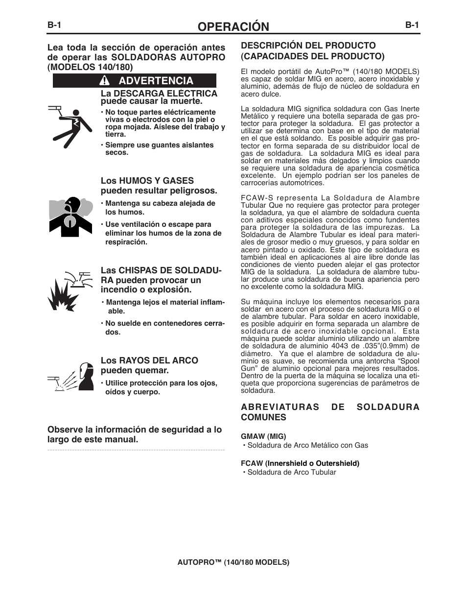 Operación, Advertencia | Lincoln Electric IMt10143 MARQUETTE AutoPro 140_180 User Manual | Page 42 / 100