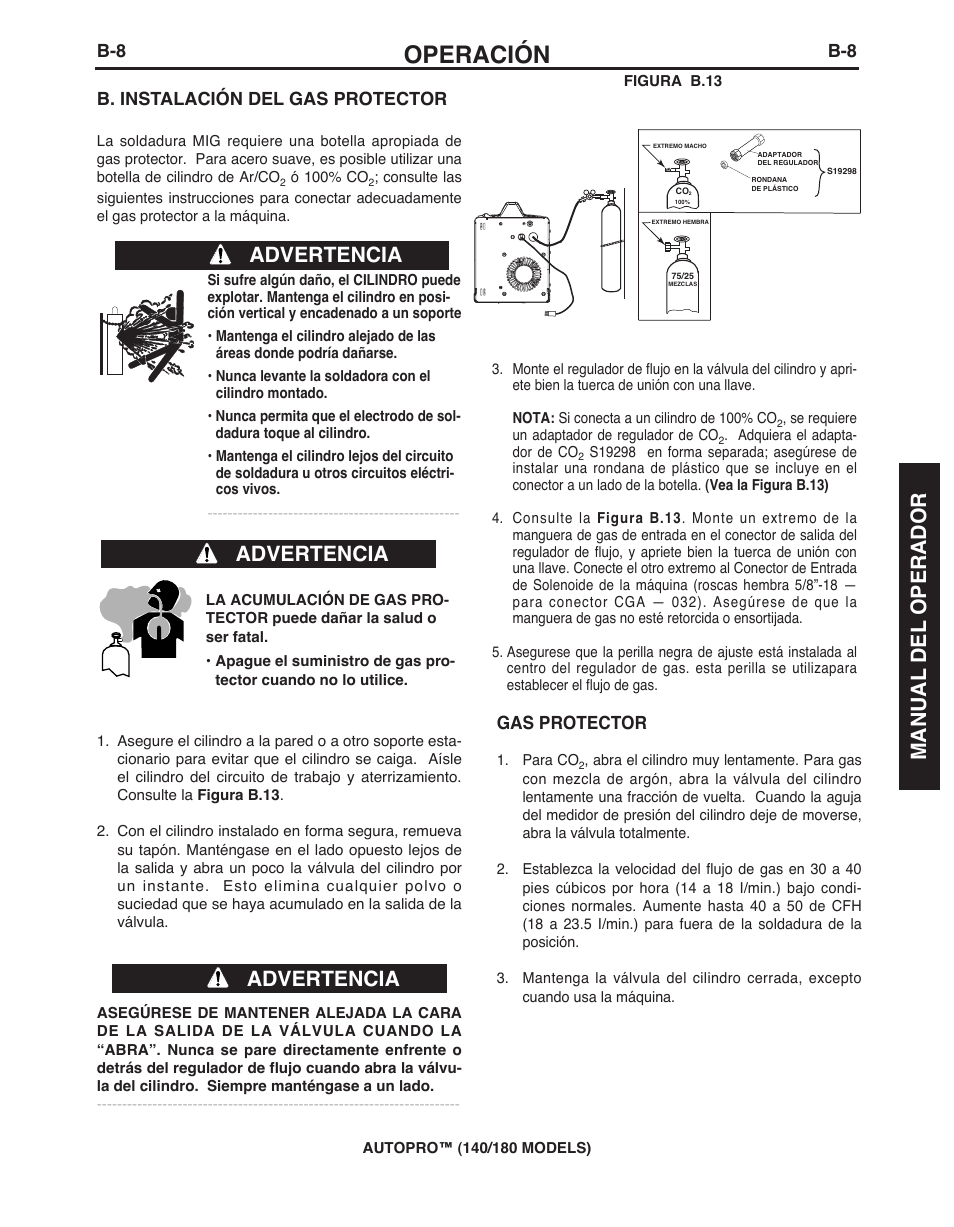 Operación, Advertencia, Manual del operador | B. instalación del gas protector, Gas protector | Lincoln Electric IMt10143 MARQUETTE AutoPro 140_180 User Manual | Page 49 / 100