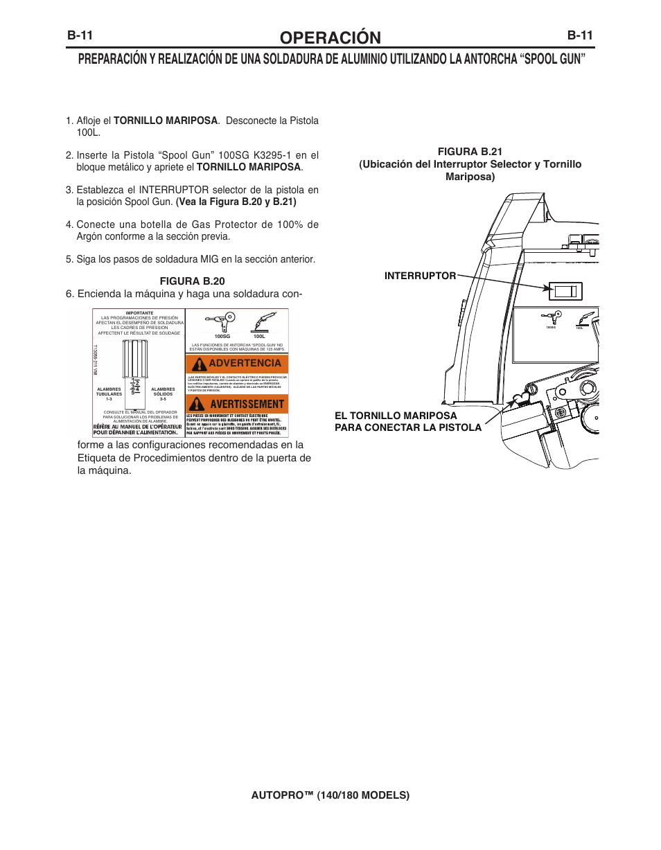 Operación, B-11, Advertencia | Lincoln Electric IMt10143 MARQUETTE AutoPro 140_180 User Manual | Page 52 / 100