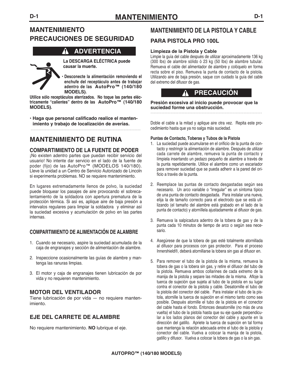 Mantenimiento, Mantenimiento precauciones de seguridad, Mantenimiento de rutina | Advertencia mantenimiento de la pistola y cable, Precaución | Lincoln Electric IMt10143 MARQUETTE AutoPro 140_180 User Manual | Page 56 / 100