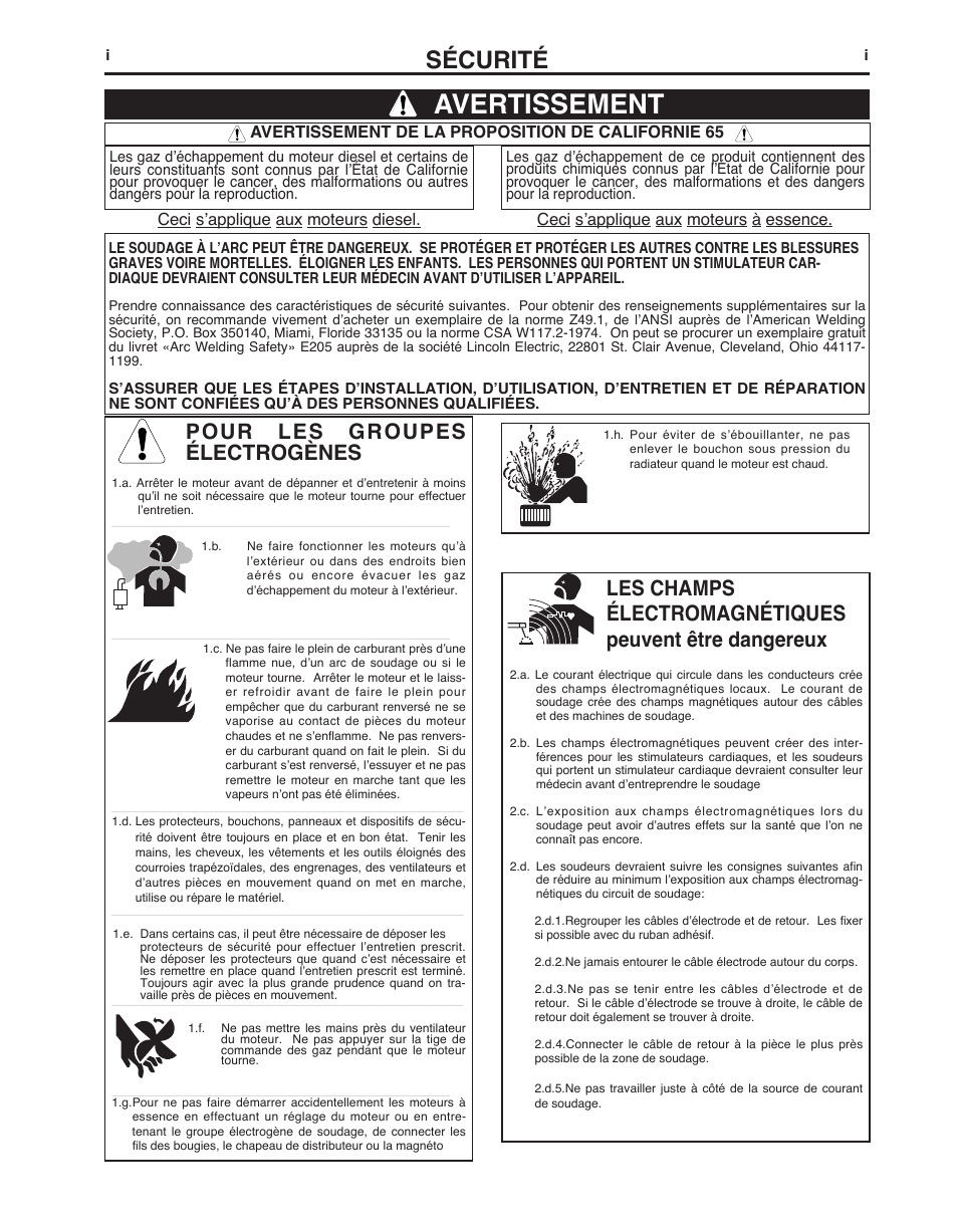 Avertissement, Sécurité, Pour les groupes électrogènes | Lincoln Electric IMt10143 MARQUETTE AutoPro 140_180 User Manual | Page 66 / 100