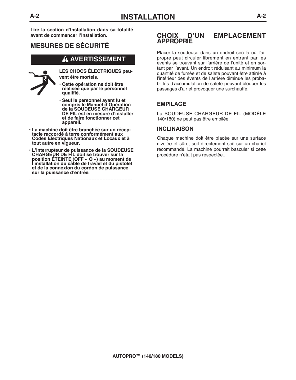 Installation, Choix d’un emplacement approprié, Mesures de sécurité | Avertissement | Lincoln Electric IMt10143 MARQUETTE AutoPro 140_180 User Manual | Page 72 / 100