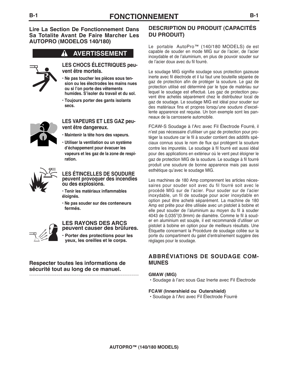 Fonctionnement, Avertissement | Lincoln Electric IMt10143 MARQUETTE AutoPro 140_180 User Manual | Page 74 / 100