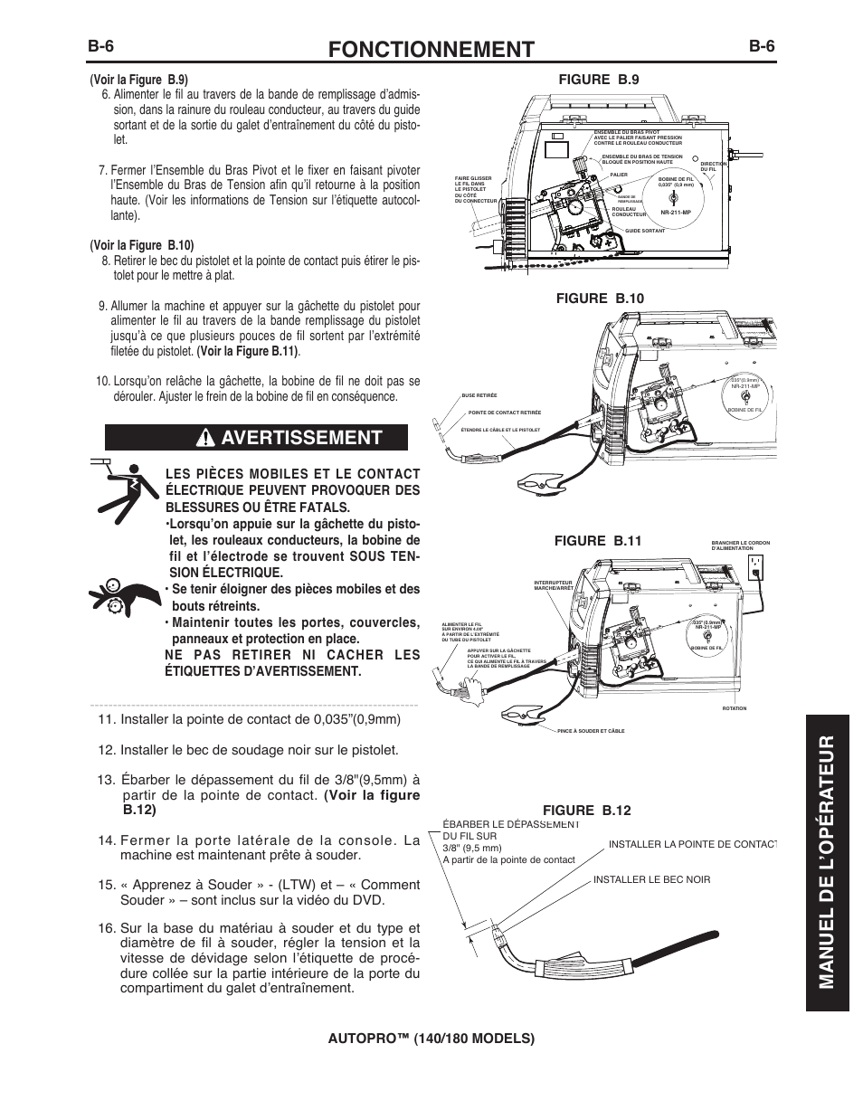 Fonctionnement, Avertissement, Manuel de l ’opéra teur | Figure b.10 figure b.11, Figure b.9 figure b.12 | Lincoln Electric IMt10143 MARQUETTE AutoPro 140_180 User Manual | Page 79 / 100