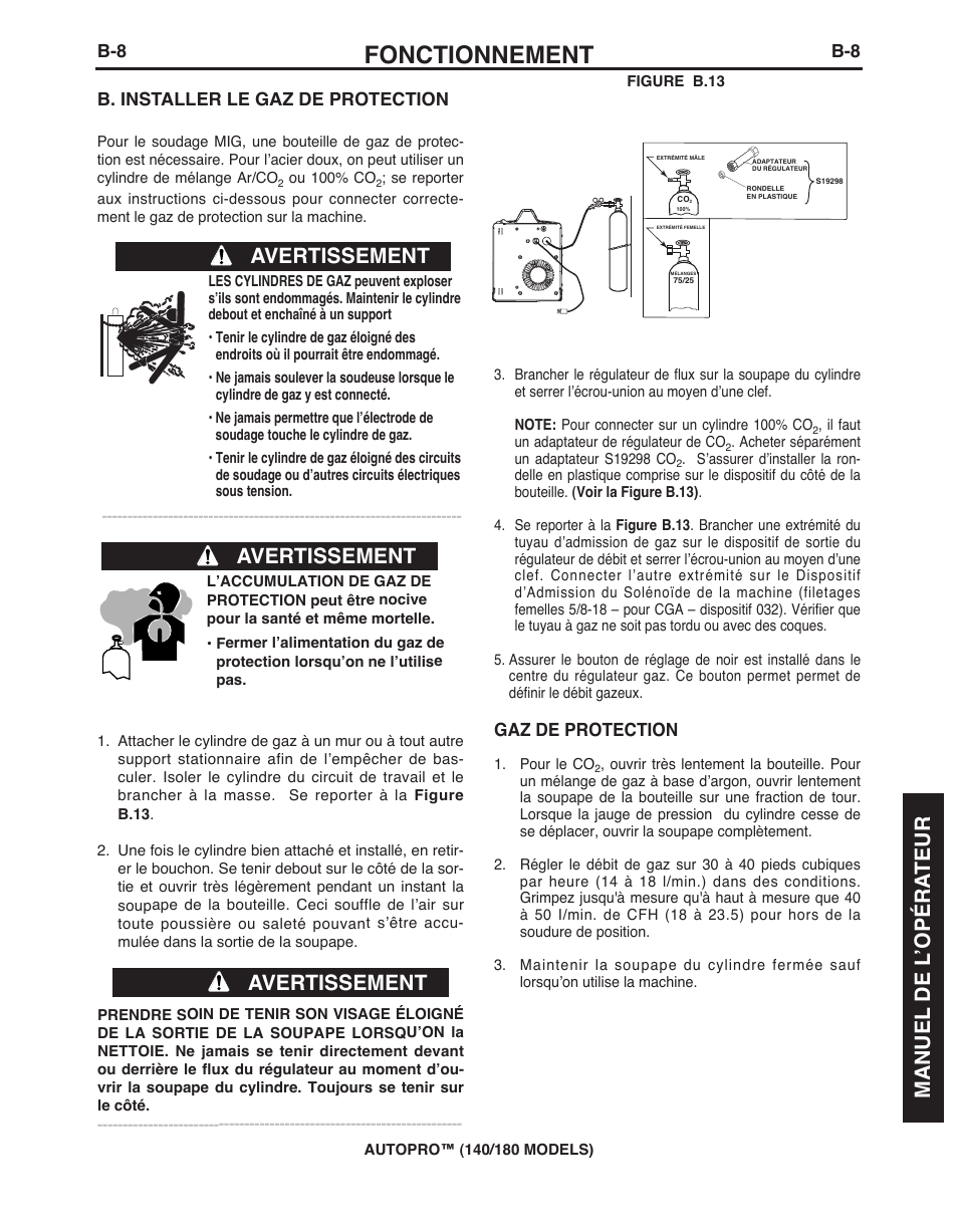 Fonctionnement, Avertissement, Manuel de l ’opéra teur | B. installer le gaz de protection, Gaz de protection | Lincoln Electric IMt10143 MARQUETTE AutoPro 140_180 User Manual | Page 81 / 100