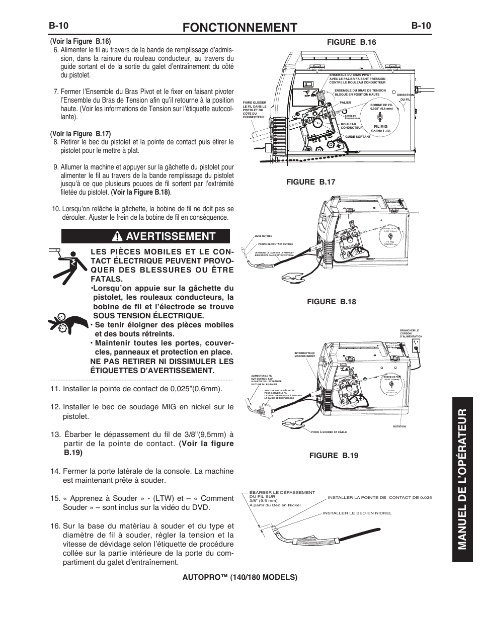 Fonctionnement, Avertissement manuel de l ’opéra teur, B-10 | Lincoln Electric IMt10143 MARQUETTE AutoPro 140_180 User Manual | Page 83 / 100