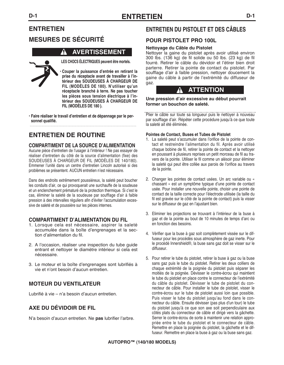 Entretien, Entretien mesures de sécurité, Entretien de routine | Avertissement entretien du pistolet et des câbles, Attention | Lincoln Electric IMt10143 MARQUETTE AutoPro 140_180 User Manual | Page 88 / 100