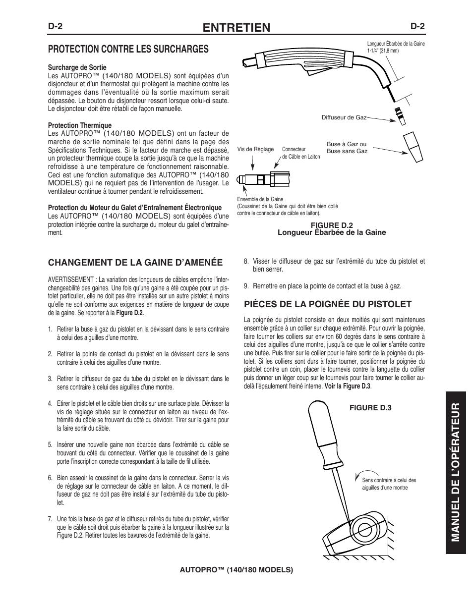 Entretien, Protection contre les surcharges, Manuel de l ’opéra teur | Lincoln Electric IMt10143 MARQUETTE AutoPro 140_180 User Manual | Page 89 / 100