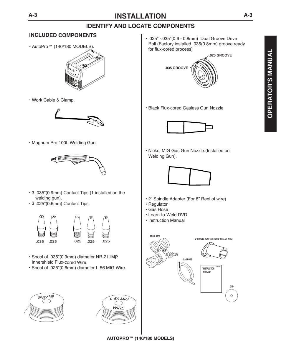 Installation, Opera t or’s manual, Identify and locate components | Included components | Lincoln Electric IMt10143 MARQUETTE AutoPro 140_180 User Manual | Page 9 / 100