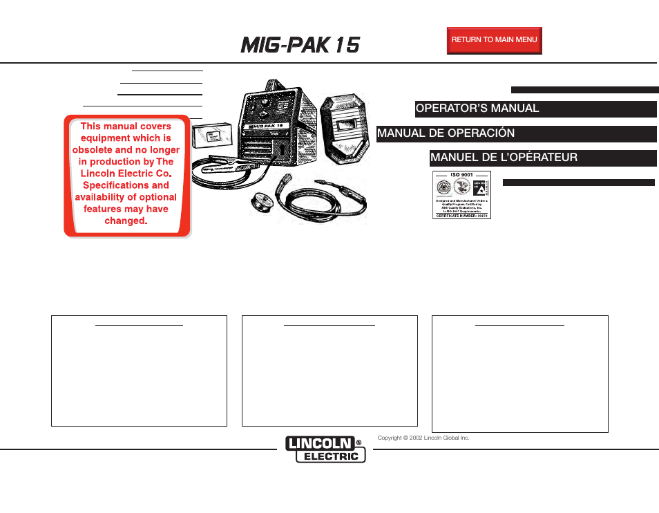 Lincoln Electric IMt552 MIG-PAK 15 User Manual | 64 pages