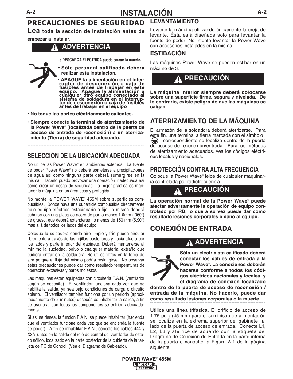 Instalación, Aterrizamiento de la máquina, Protección contra alta frecuencia | Conexión de entrada, Precauciones de seguridad lea, Selección de la ubicación adecuada, Advertencia, Advertencia precaución precaución | Lincoln Electric IM762 POWER WAVE 455M User Manual | Page 10 / 44