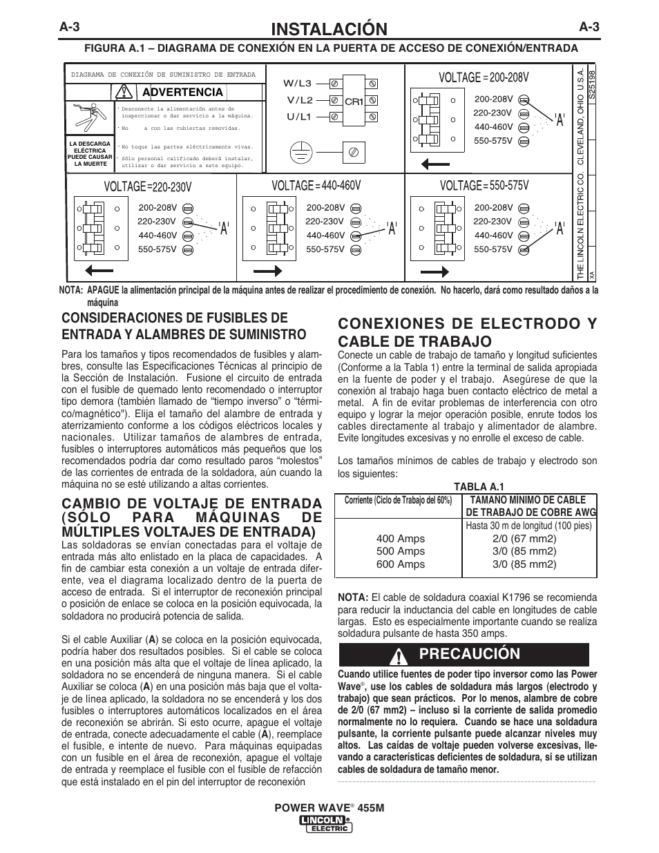 Instalación, Conexiones de electrodo y cable de trabajo, Precaución | Lincoln Electric IM762 POWER WAVE 455M User Manual | Page 11 / 44