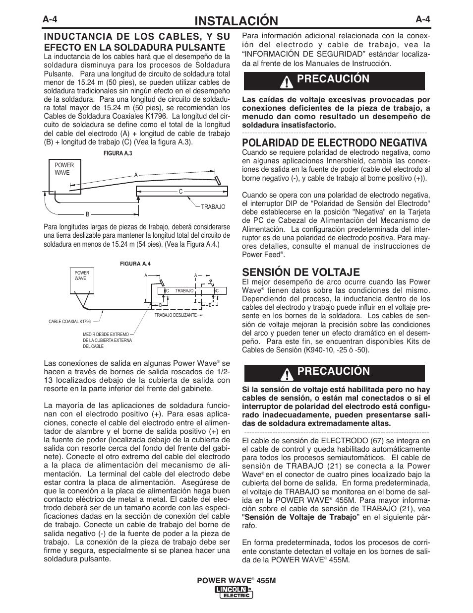 Instalación, Polaridad de electrodo negativa, Sensión de voltaje | Precaución | Lincoln Electric IM762 POWER WAVE 455M User Manual | Page 12 / 44