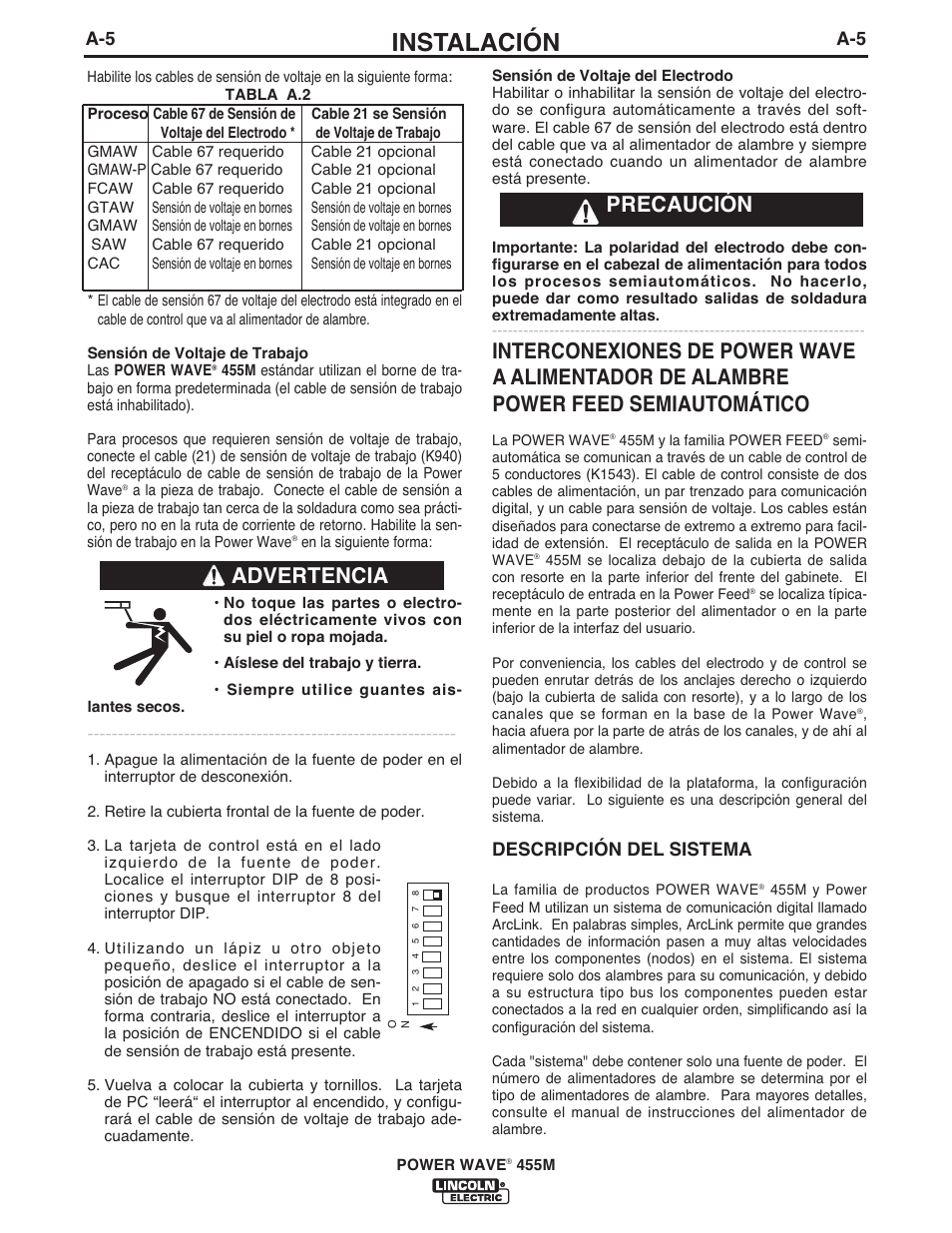 Instalación, Precaución advertencia, Descripción del sistema | Lincoln Electric IM762 POWER WAVE 455M User Manual | Page 13 / 44