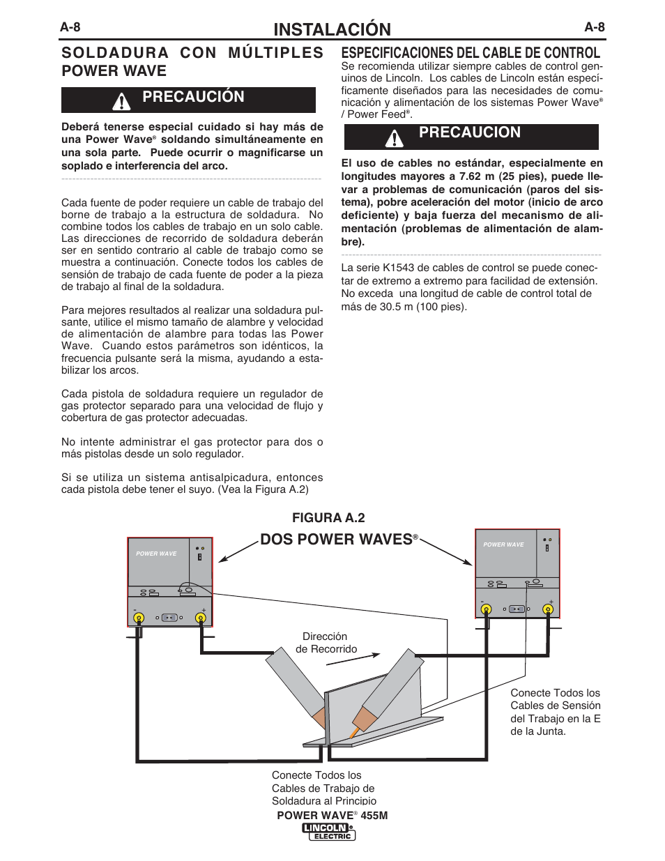 Instalación, Soldadura con múltiples power wave, Dos power waves | Especificaciones del cable de control, Precaución precaucion, Figura a.2 | Lincoln Electric IM762 POWER WAVE 455M User Manual | Page 16 / 44