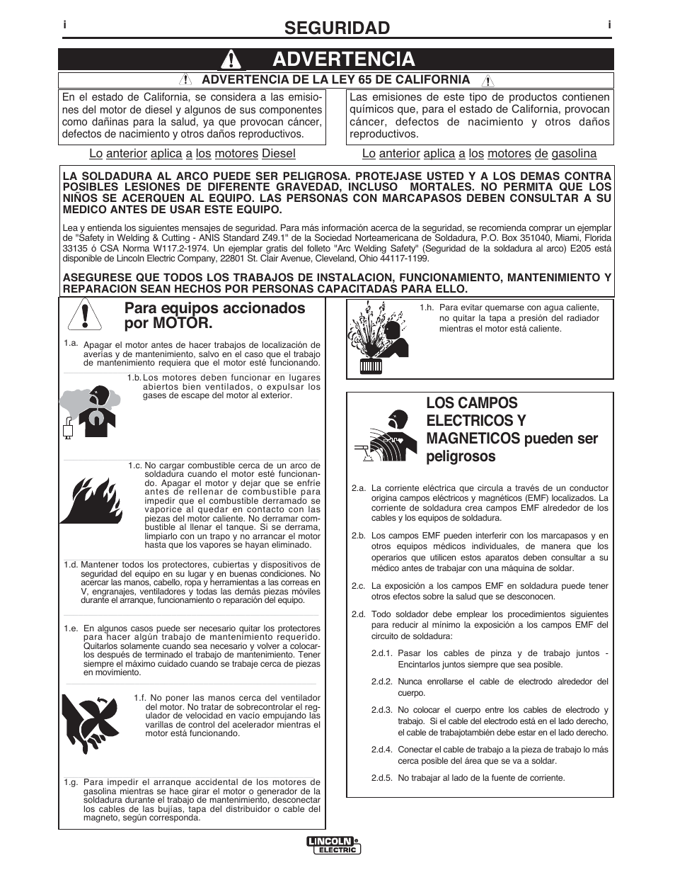 Advertencia, Seguridad, Para equipos accionados por motor | Lincoln Electric IM762 POWER WAVE 455M User Manual | Page 2 / 44