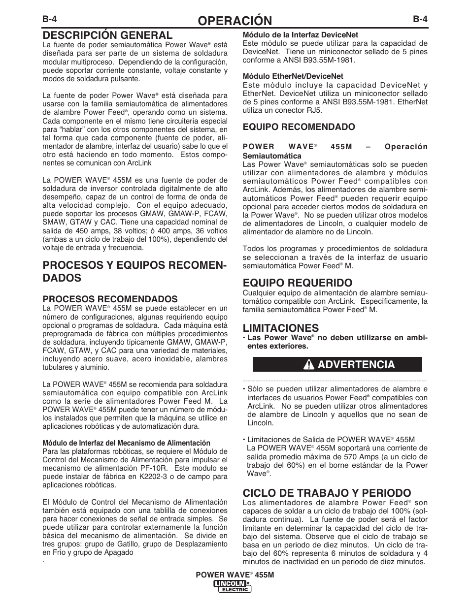 Operación, Equipo requerido, Limitaciones | Ciclo de trabajo y periodo, Descripción general, Procesos y equipos recomen- dados, Advertencia, Equipo recomendado, Procesos recomendados | Lincoln Electric IM762 POWER WAVE 455M User Manual | Page 22 / 44