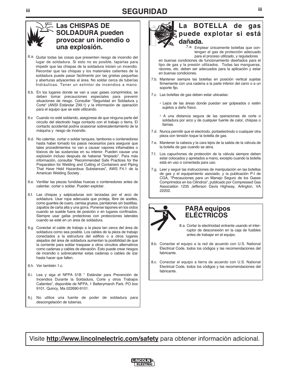 Seguridad, Para equipos eléctricos, La botella de gas puede explotar si está dañada | Lincoln Electric IM762 POWER WAVE 455M User Manual | Page 4 / 44