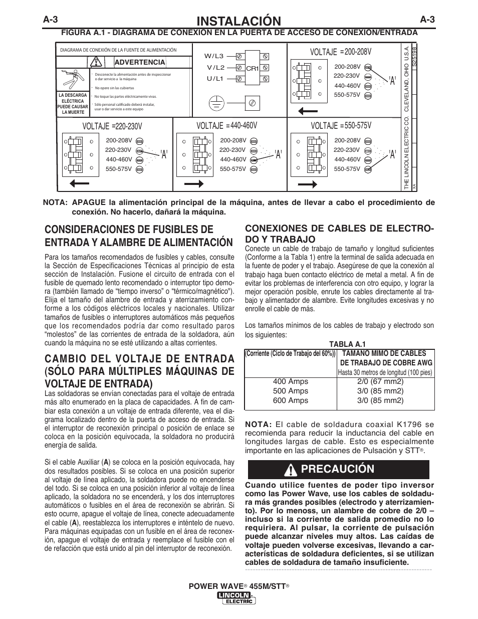 Instalación, Precaución, 230v | 460v, Voltaje, 575v, Conexiones de cables de electro- do y trabajo | Lincoln Electric IM771 POWER WAVE 455M_STT User Manual | Page 11 / 43