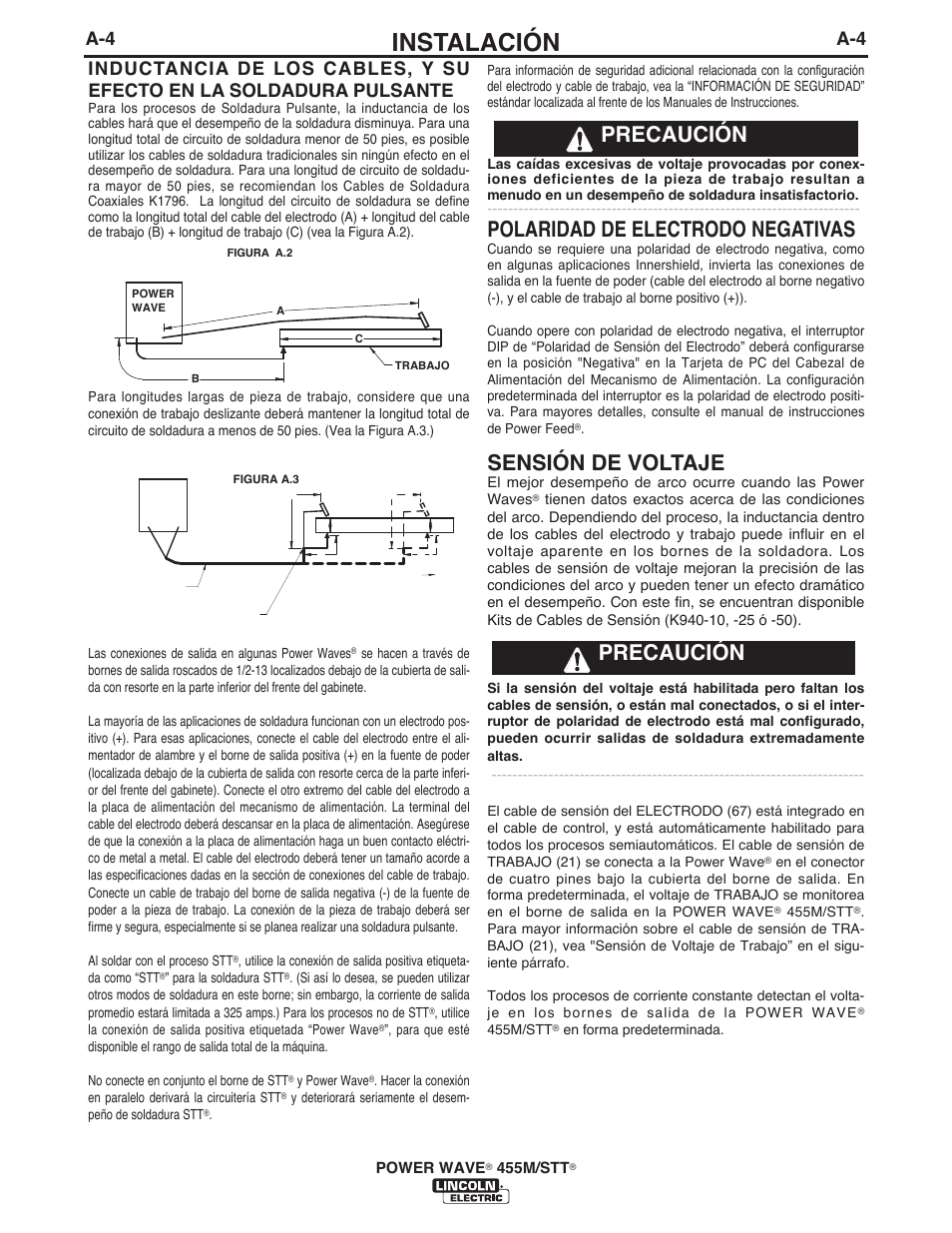 Instalación, Polaridad de electrodo negativas, Sensión de voltaje | Precaución | Lincoln Electric IM771 POWER WAVE 455M_STT User Manual | Page 12 / 43
