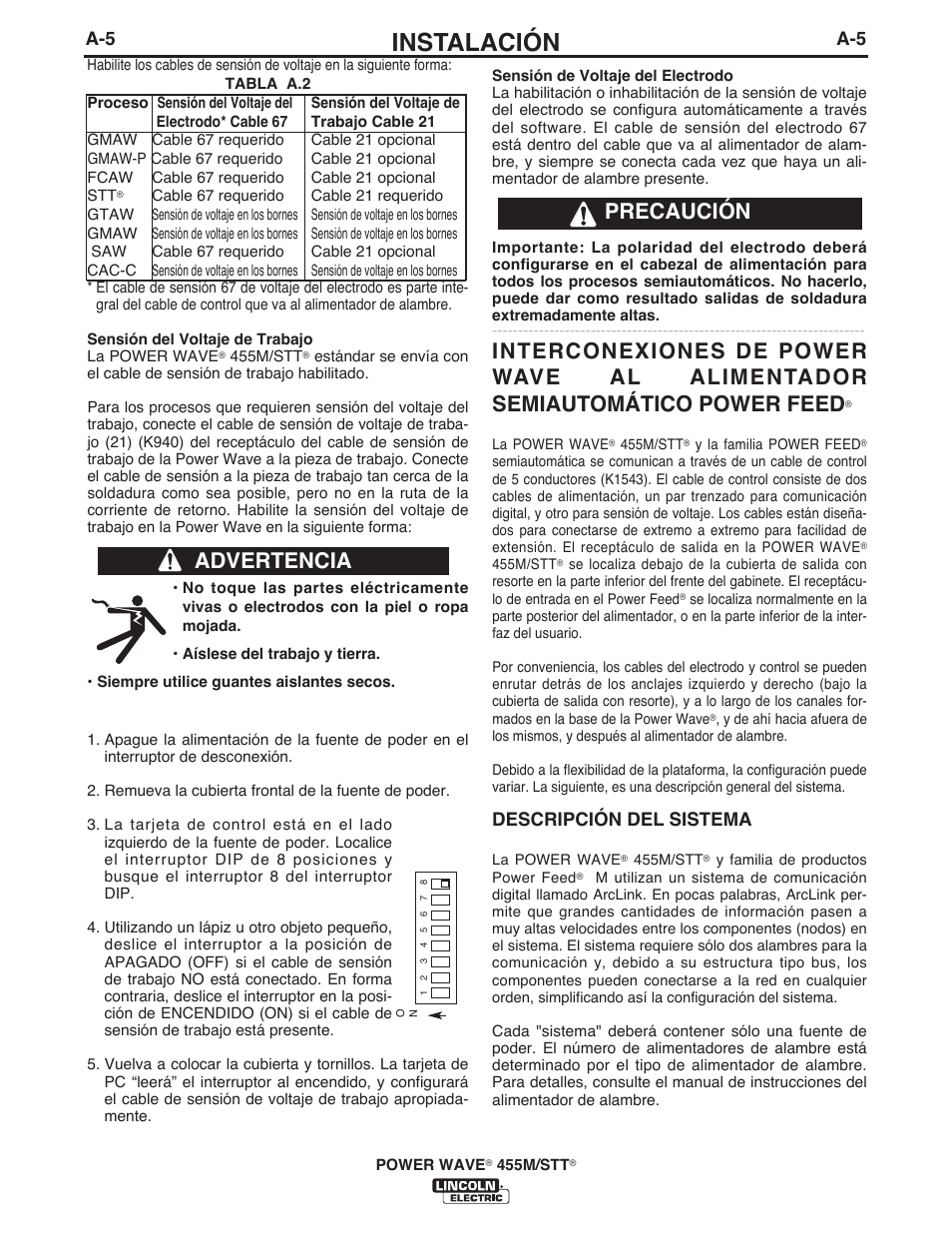 Instalación, Precaución advertencia, Descripción del sistema | Lincoln Electric IM771 POWER WAVE 455M_STT User Manual | Page 13 / 43