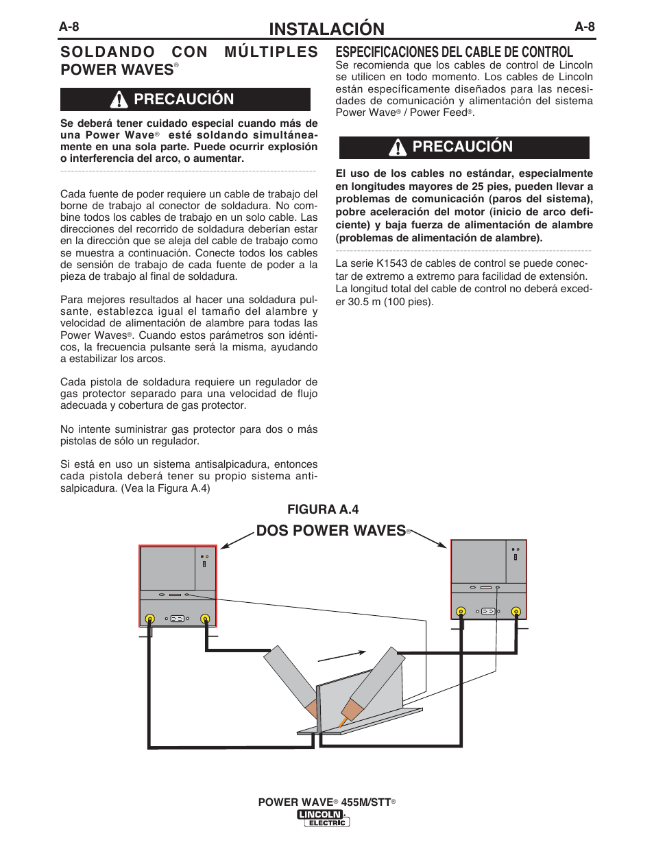 Instalación, Soldando con múltiples power waves, Dos power waves | Especificaciones del cable de control, Precaución, Figura a.4 | Lincoln Electric IM771 POWER WAVE 455M_STT User Manual | Page 16 / 43