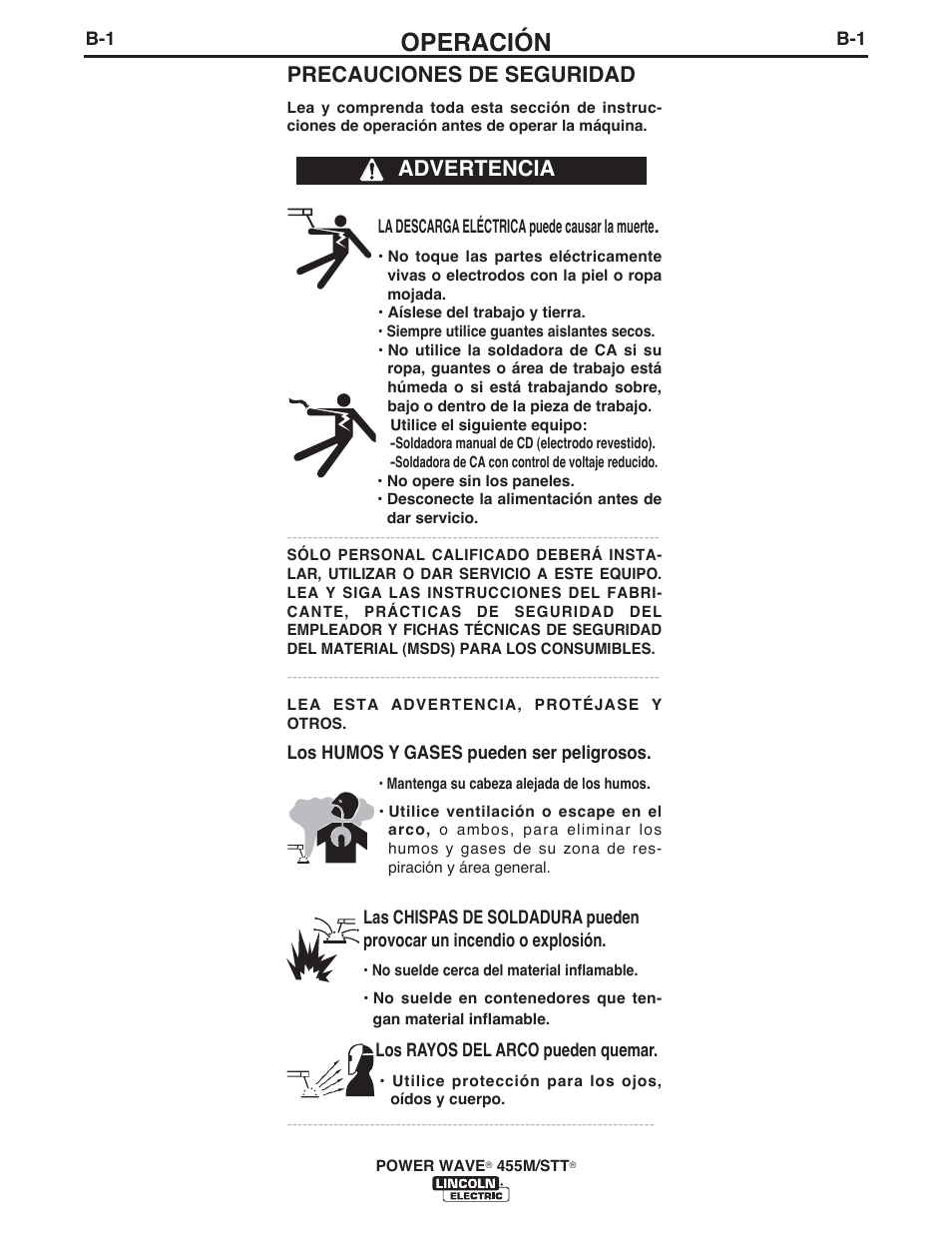 Operación, Precauciones de seguridad, Advertencia | Lincoln Electric IM771 POWER WAVE 455M_STT User Manual | Page 19 / 43