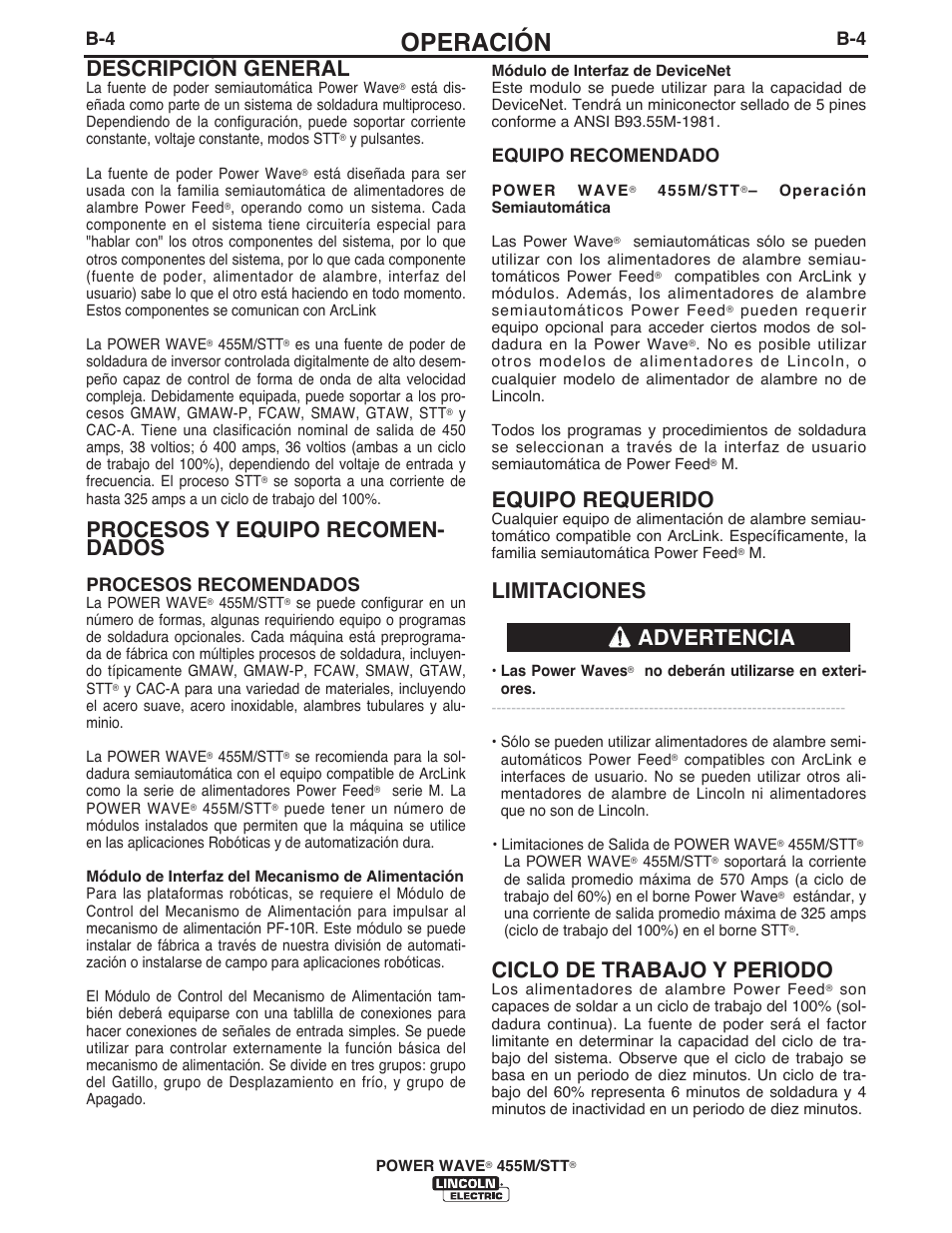Operación, Equipo requerido, Limitaciones | Ciclo de trabajo y periodo, Descripción general, Procesos y equipo recomen- dados, Advertencia, Equipo recomendado, Procesos recomendados | Lincoln Electric IM771 POWER WAVE 455M_STT User Manual | Page 22 / 43