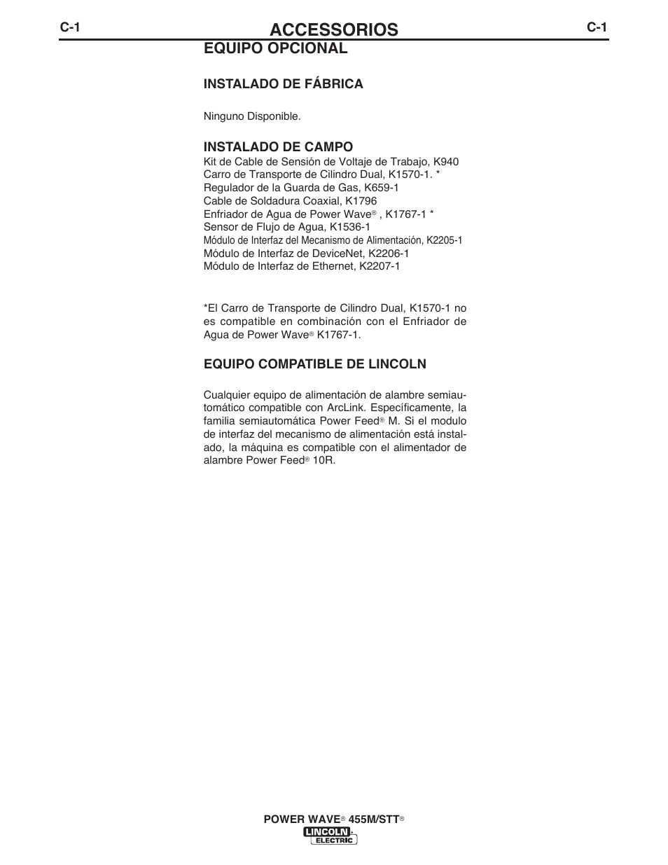 Accessorios, Equipo opcional | Lincoln Electric IM771 POWER WAVE 455M_STT User Manual | Page 28 / 43
